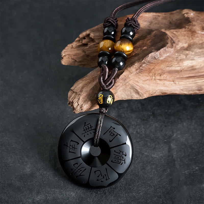 Buddha Stones Collier de protection Namo Ami Peace Buckle en obsidienne noire gravé - image 1