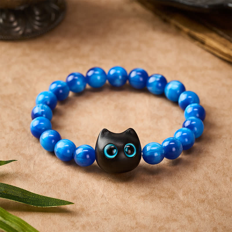 Buddha Stones Bracelet d'équilibre chat en perles de résine bleue et bois d'ébène - image 10