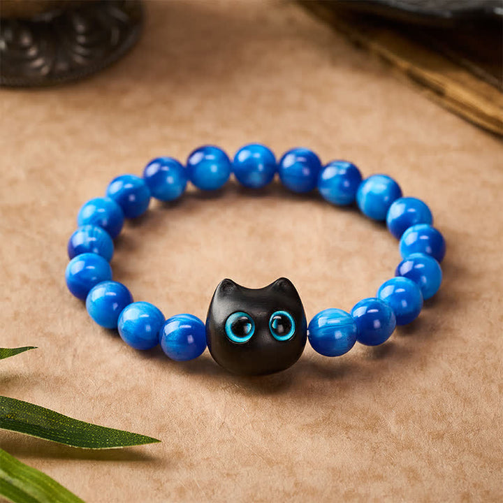 Buddha Stones Bracelet d'équilibre chat en perles de résine bleue et bois d'ébène - image 10