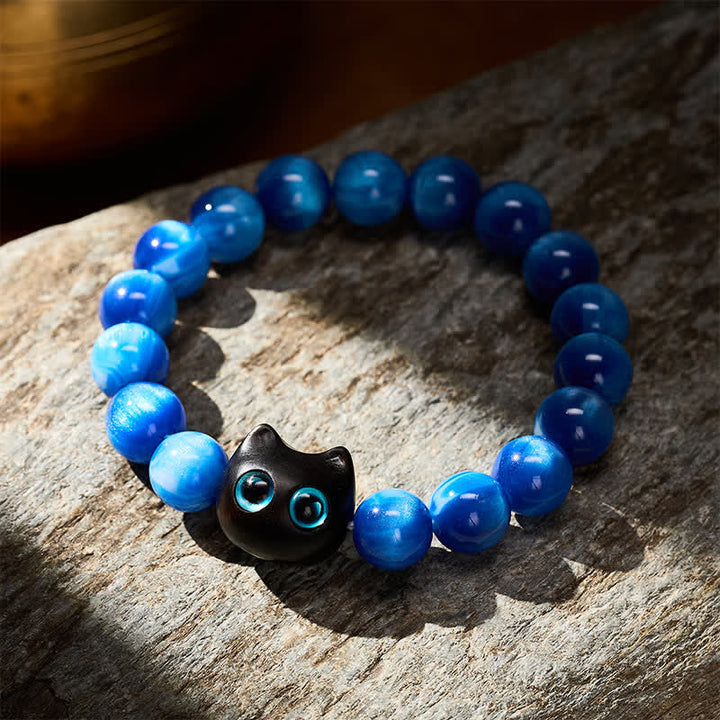 Buddha Stones Bracelet d'équilibre chat en perles de résine bleue et bois d'ébène - image 3