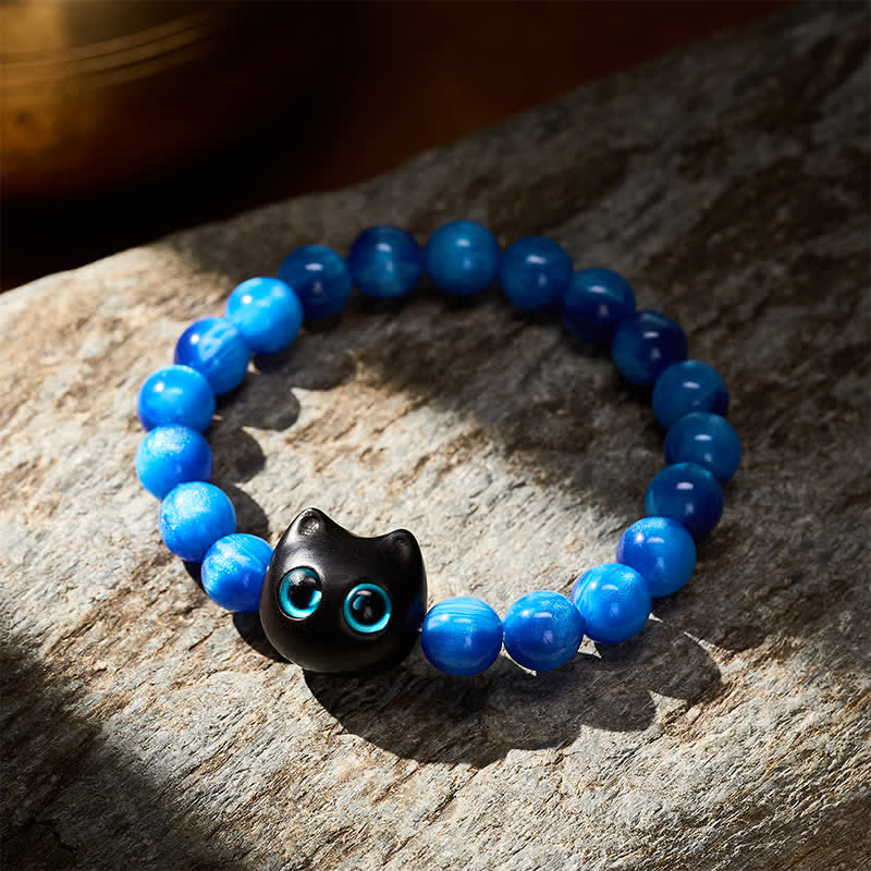 Buddha Stones Bracelet d'équilibre chat en perles de résine bleue et bois d'ébène - image 12