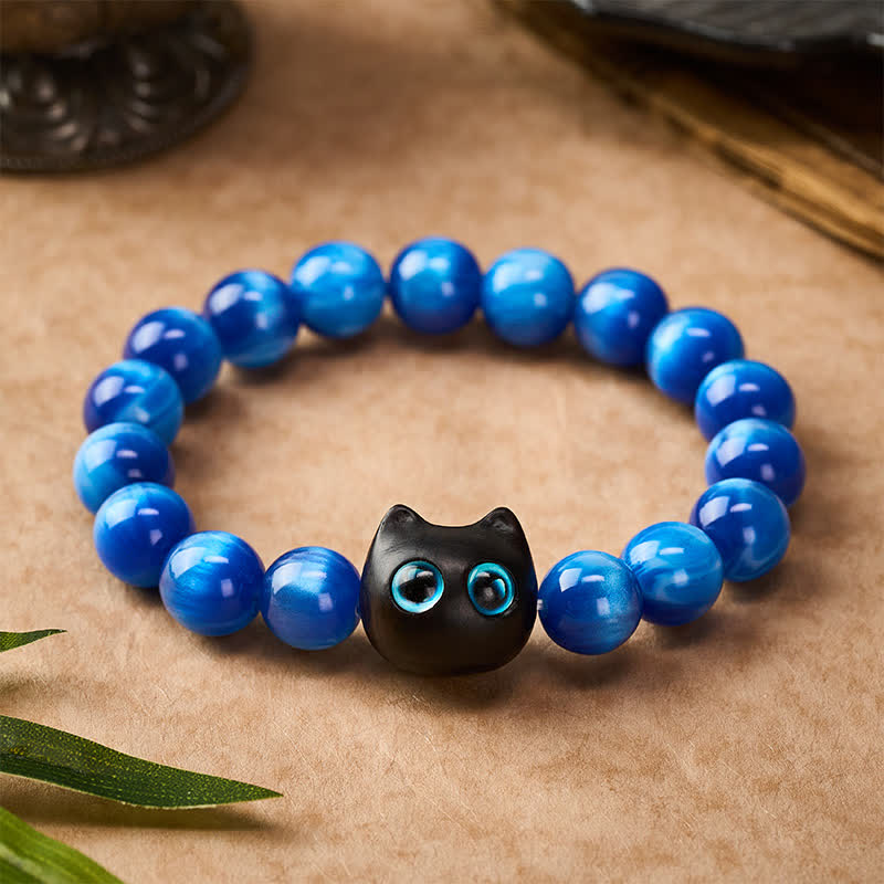 Buddha Stones Bracelet d'équilibre chat en perles de résine bleue et bois d'ébène - image 1