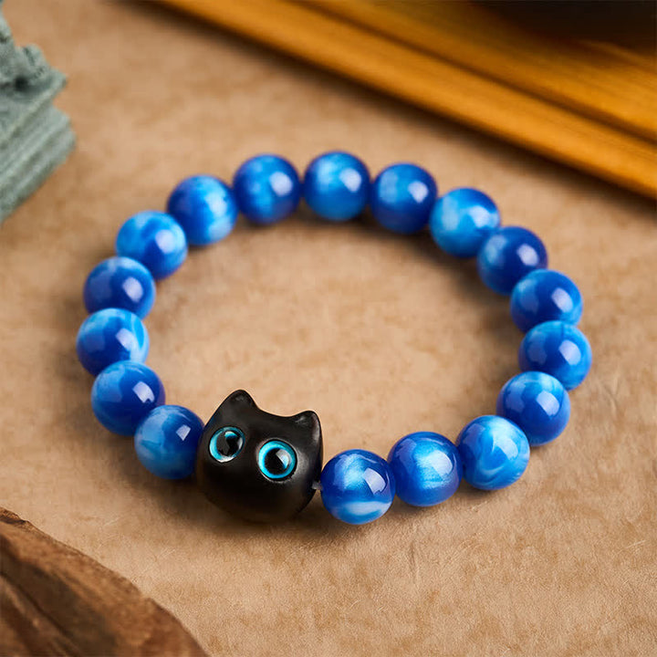 Buddha Stones Bracelet d'équilibre chat en perles de résine bleue et bois d'ébène - 12 mm (Tour de poignet : 6,7-7,1 po / 17-18 cm) - image 0