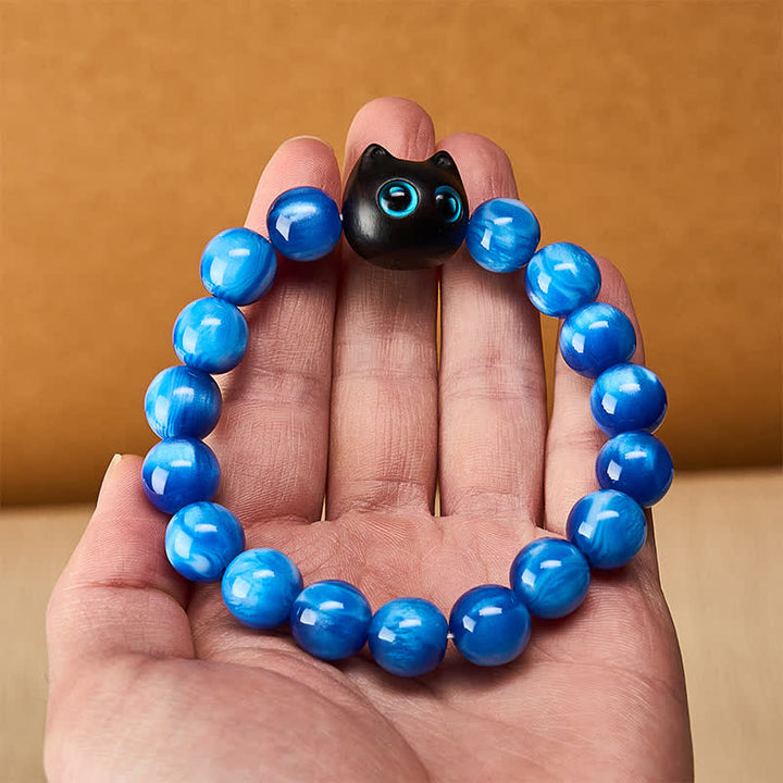 Buddha Stones Bracelet d'équilibre chat en perles de résine bleue et bois d'ébène - image 5