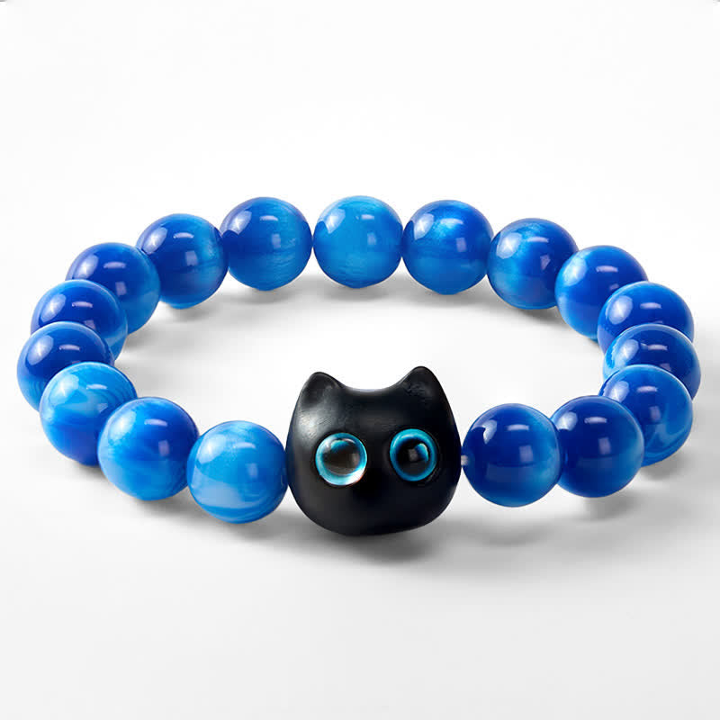 Buddha Stones Bracelet d'équilibre chat en perles de résine bleue et bois d'ébène - image 6
