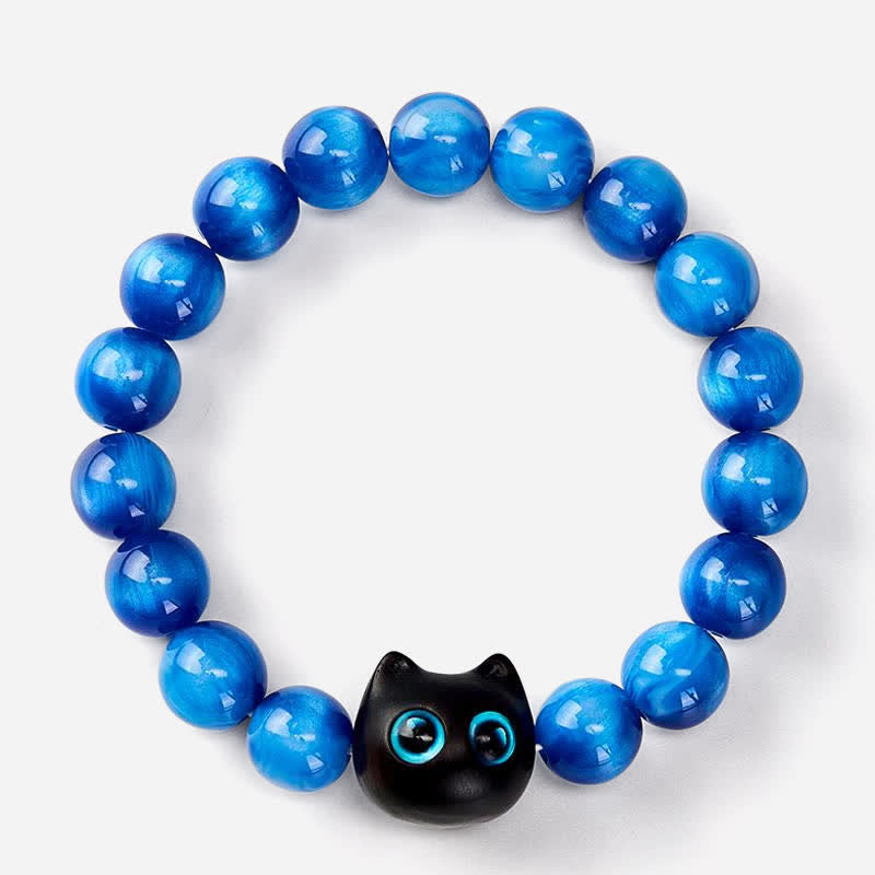 Buddha Stones Bracelet d'équilibre chat en perles de résine bleue et bois d'ébène - image 2