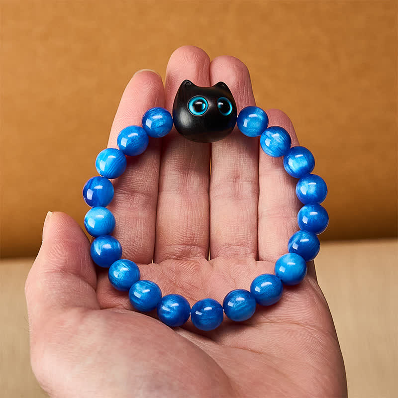 Buddha Stones Bracelet d'équilibre chat en perles de résine bleue et bois d'ébène - image 14