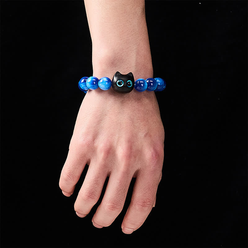Buddha Stones Bracelet d'équilibre chat en perles de résine bleue et bois d'ébène - image 4
