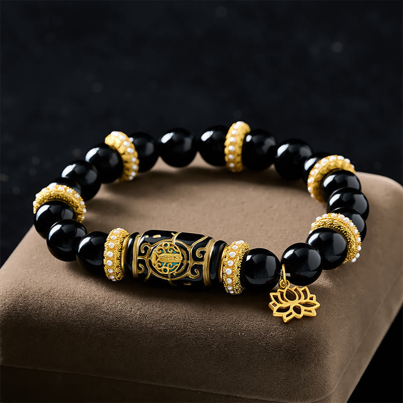 Buddha Stones Bracelet de protection à perles rondes en résine d'obsidienne noire et pendentif lotus - image 1