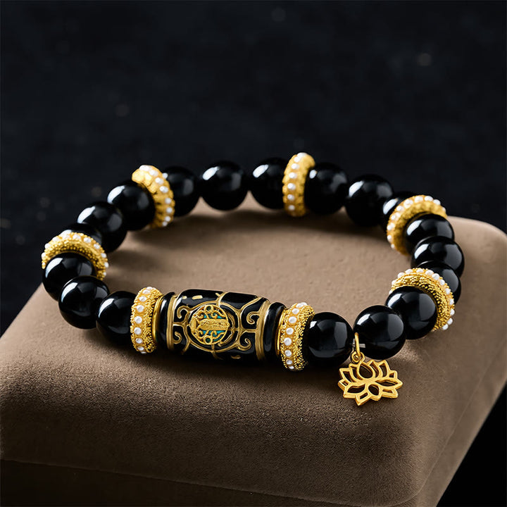 Buddha Stones Bracelet de protection à perles rondes en résine d'obsidienne noire et pendentif lotus - image 1