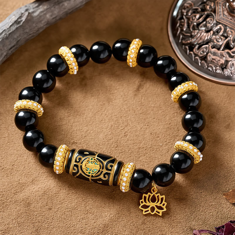 Buddha Stones Bracelet de protection à perles rondes en résine d'obsidienne noire et pendentif lotus - Obsidienne noire (Tour de poignet : 17-18 cm) - image 0