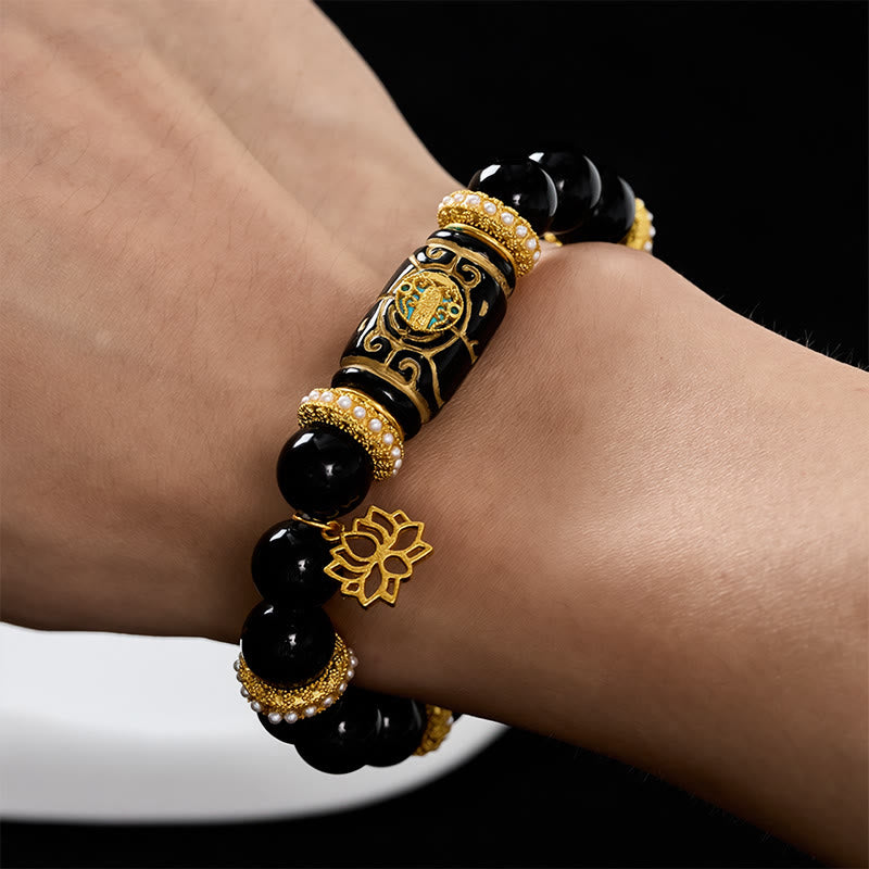Buddha Stones Bracelet de protection à perles rondes en résine d'obsidienne noire et pendentif lotus - image 4