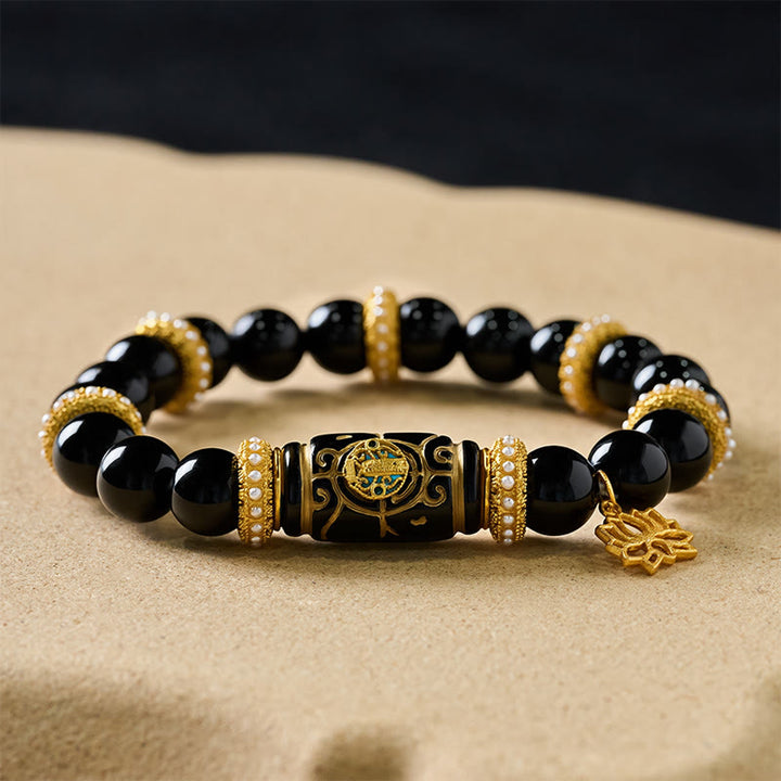 Buddha Stones Bracelet de protection à perles rondes en résine d'obsidienne noire et pendentif lotus - image 7