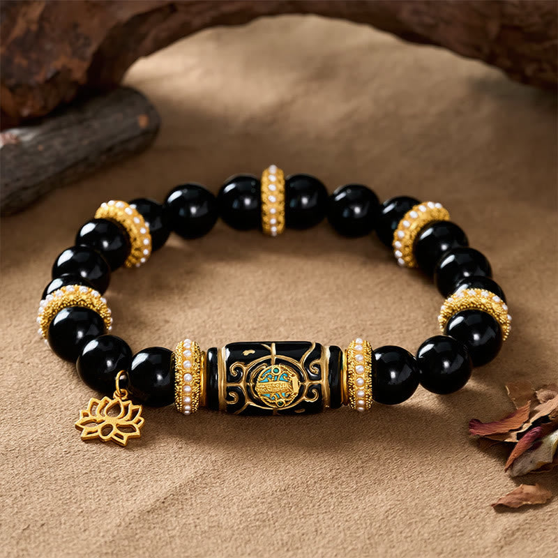 Buddha Stones Bracelet de protection à perles rondes en résine d'obsidienne noire et pendentif lotus - image 2