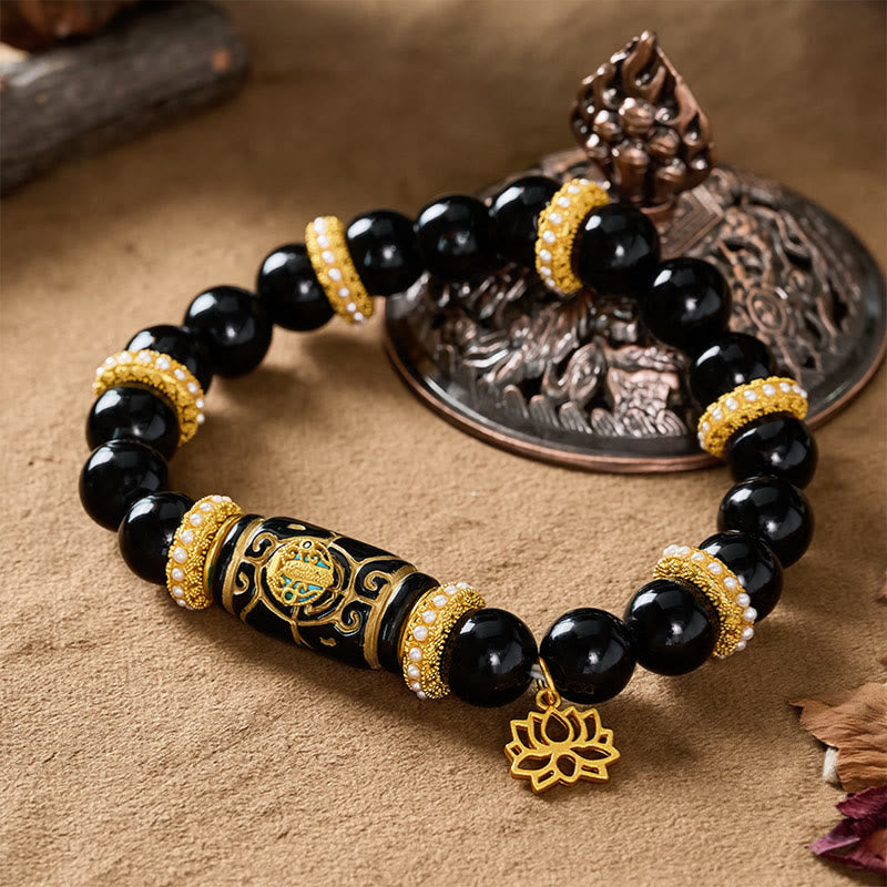 Buddha Stones Bracelet de protection à perles rondes en résine d'obsidienne noire et pendentif lotus - image 3