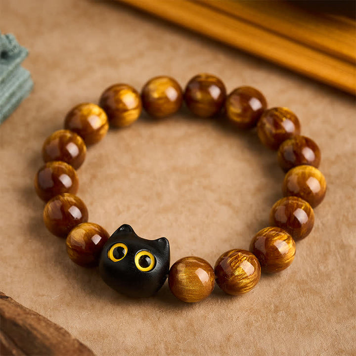 Buddha Stones Bracelet « Chat Calme » en perles de résine jaune, yeux jaunes et bois d'ébène - 14 mm (Tour de poignet : 7,1-7,5 po / 18-19 cm) - image 0