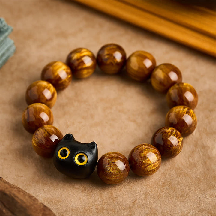 Buddha Stones Bracelet « Chat Calme » en perles de résine jaune, yeux jaunes et bois d'ébène - 16 mm (Tour de poignet : 7,5-7,9 pouces / 19-20 cm) - image 9