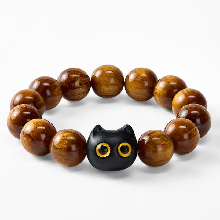 Buddha Stones Bracelet « Chat Calme » en perles de résine jaune, yeux jaunes et bois d'ébène - image 14