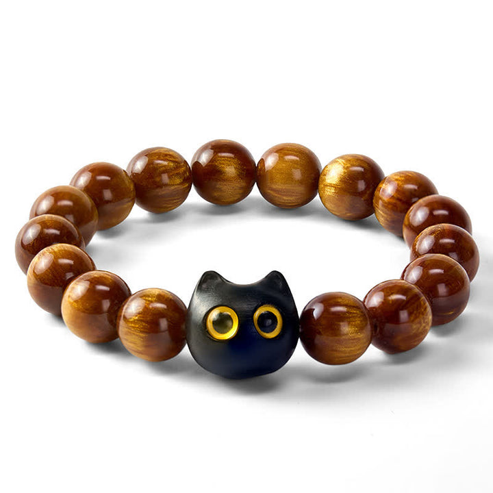 Buddha Stones Bracelet « Chat Calme » en perles de résine jaune, yeux jaunes et bois d'ébène - image 6