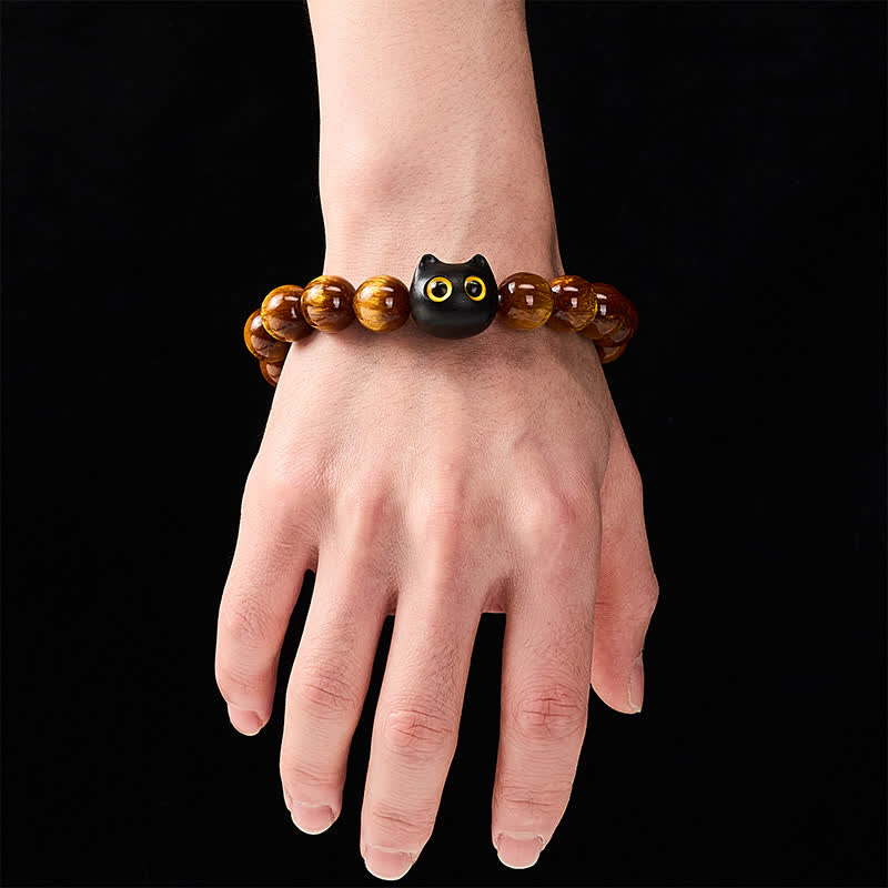 Buddha Stones Bracelet « Chat Calme » en perles de résine jaune, yeux jaunes et bois d'ébène - image 4