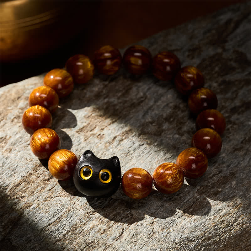 Buddha Stones Bracelet « Chat Calme » en perles de résine jaune, yeux jaunes et bois d'ébène - image 3
