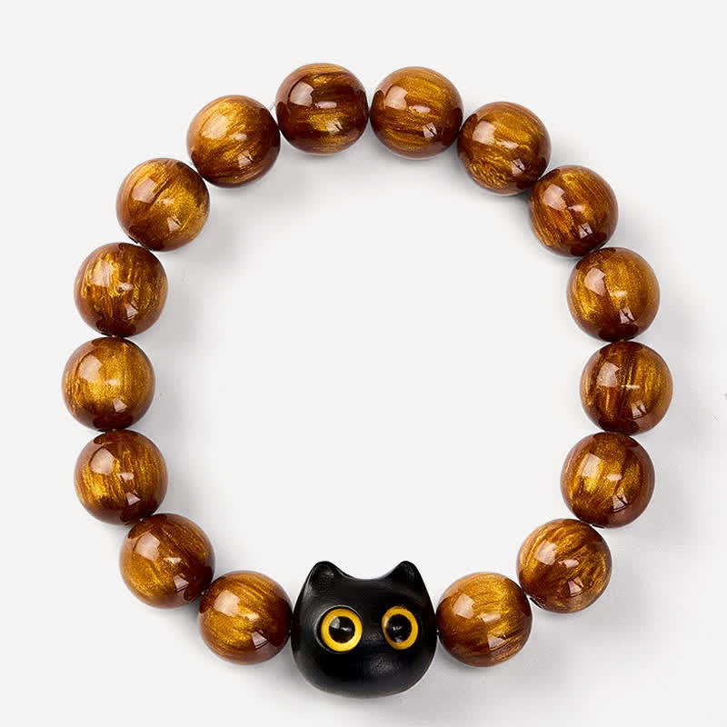 Buddha Stones Bracelet « Chat Calme » en perles de résine jaune, yeux jaunes et bois d'ébène - image 2
