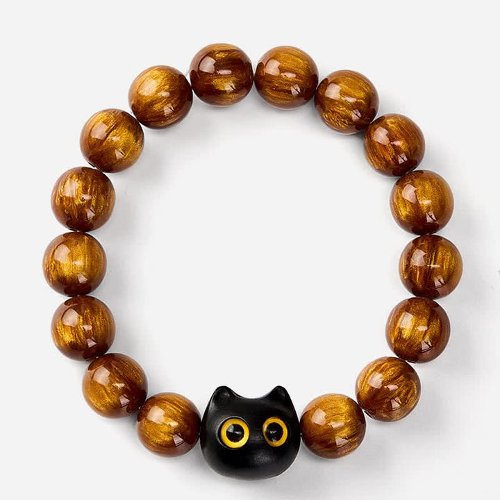 Buddha Stones Bracelet « Chat Calme » en perles de résine jaune, yeux jaunes et bois d'ébène - image 2