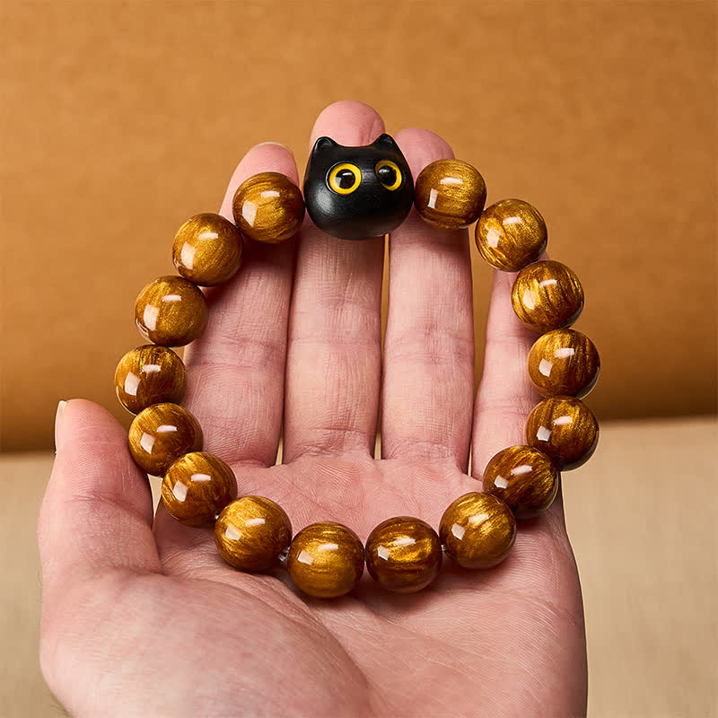 Buddha Stones Bracelet « Chat Calme » en perles de résine jaune, yeux jaunes et bois d'ébène - image 5