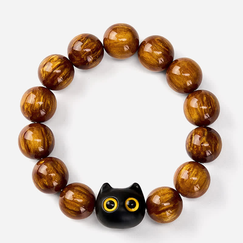 Buddha Stones Bracelet « Chat Calme » en perles de résine jaune, yeux jaunes et bois d'ébène - image 11