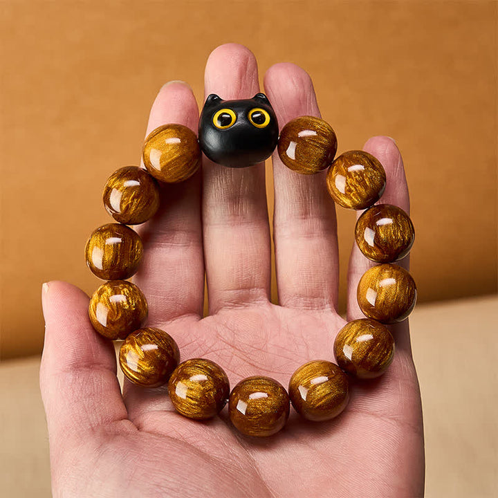 Buddha Stones Bracelet « Chat Calme » en perles de résine jaune, yeux jaunes et bois d'ébène - image 13