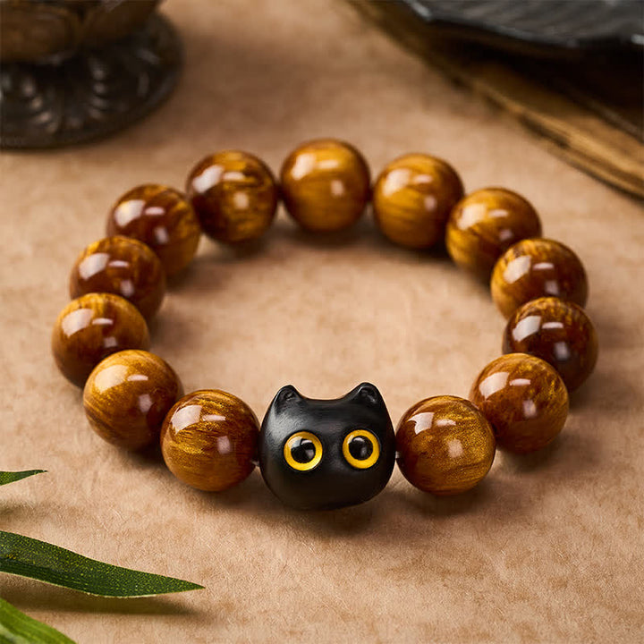 Buddha Stones Bracelet « Chat Calme » en perles de résine jaune, yeux jaunes et bois d'ébène - image 10