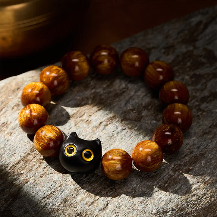 Buddha Stones Bracelet « Chat Calme » en perles de résine jaune, yeux jaunes et bois d'ébène - image 12
