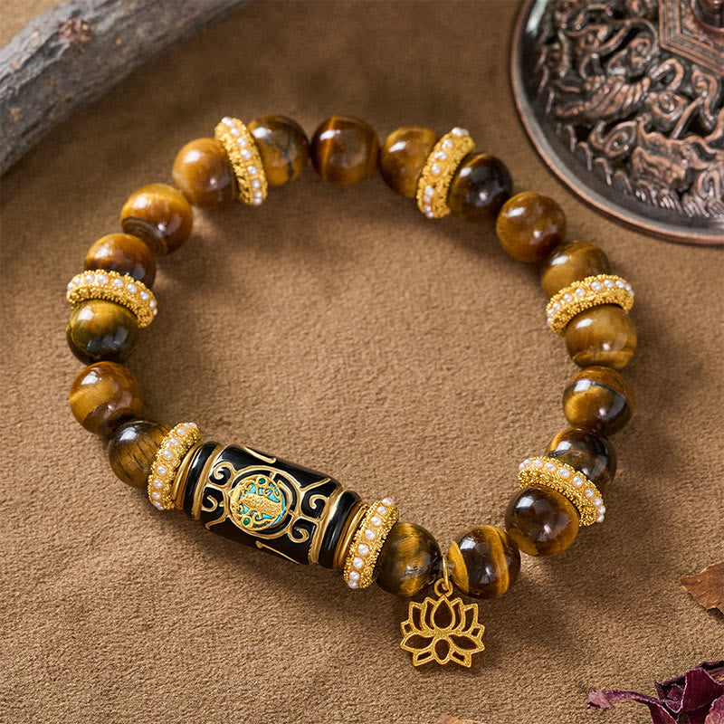 Buddha Stones Bracelet à perles rondes en résine œil de tigre jaune naturel avec pendentif lotus et perle ronde symbole de confiance - Œil de tigre jaune (Tour de poignet : 16–17 cm) - image 0