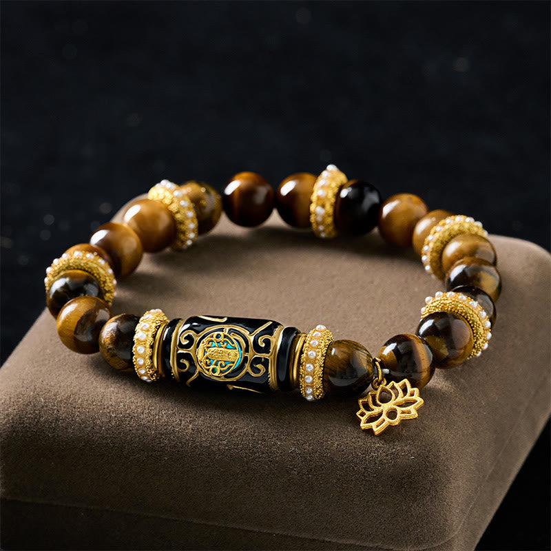 Buddha Stones Bracelet à perles rondes en résine œil de tigre jaune naturel avec pendentif lotus et perle ronde symbole de confiance - image 1