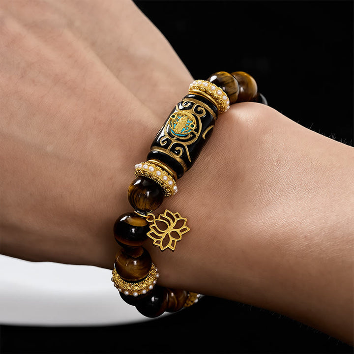Buddha Stones Bracelet à perles rondes en résine œil de tigre jaune naturel avec pendentif lotus et perle ronde symbole de confiance - image 4