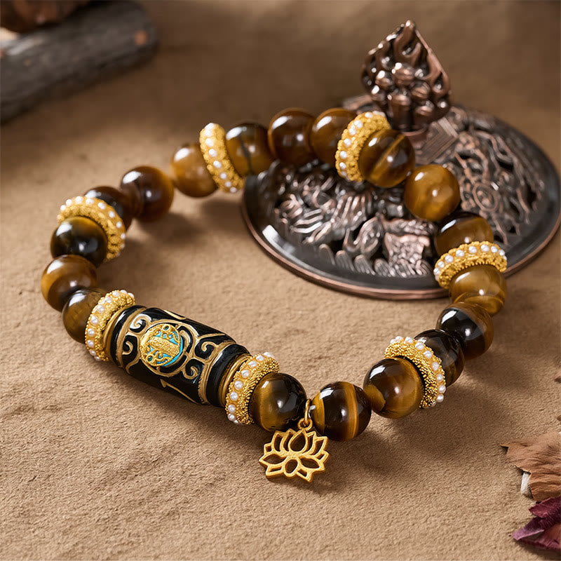Buddha Stones Bracelet à perles rondes en résine œil de tigre jaune naturel avec pendentif lotus et perle ronde symbole de confiance - image 3
