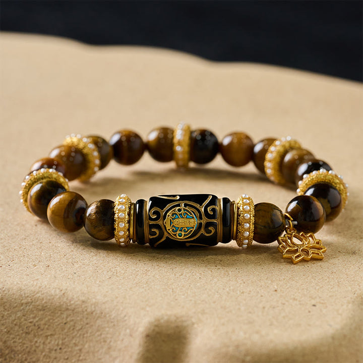 Buddha Stones Bracelet à perles rondes en résine œil de tigre jaune naturel avec pendentif lotus et perle ronde symbole de confiance - image 7