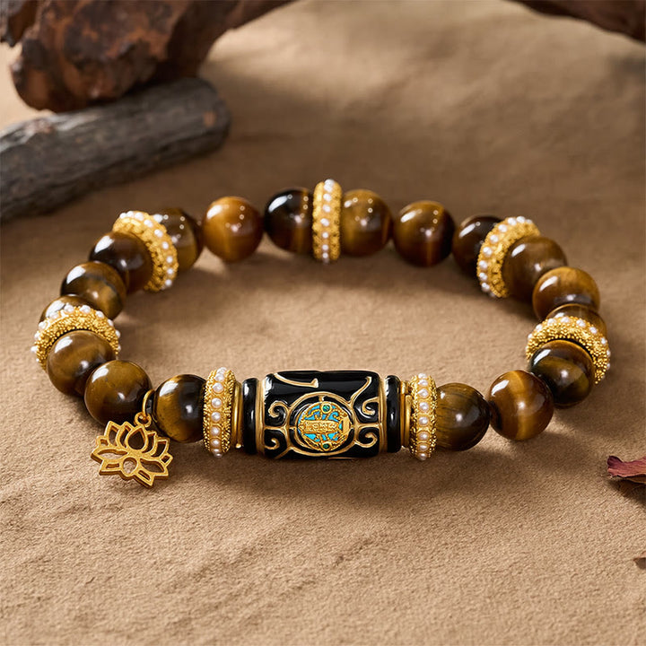 Buddha Stones Bracelet à perles rondes en résine œil de tigre jaune naturel avec pendentif lotus et perle ronde symbole de confiance - image 2