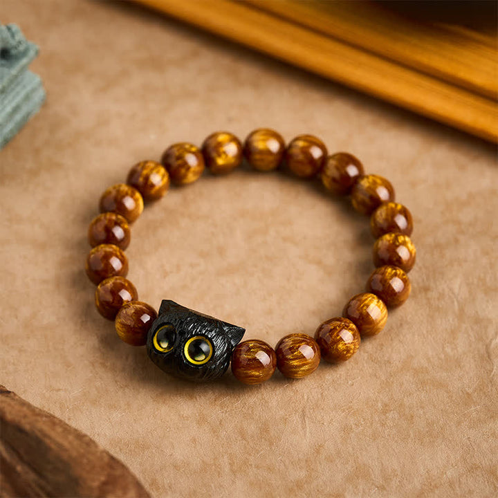 Buddha Stones Bracelet de paix chat en perles de résine jaune et bois d'ébène - 10 mm (Tour de poignet : 6,3-6,7 po / 16-17 cm) - image 0