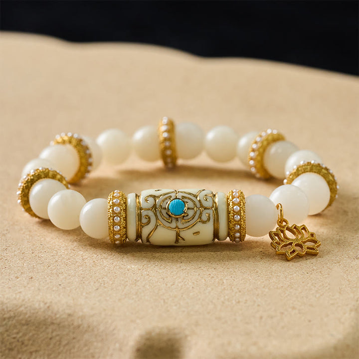 Buddha Stones Bracelet de méditation rond avec pendentif lotus en résine blanche Bodhi Seed et perle cylindrique - image 1