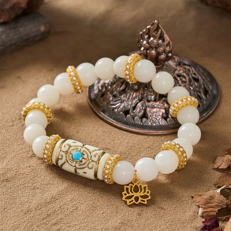 Buddha Stones Bracelet de méditation rond avec pendentif lotus en résine blanche Bodhi Seed et perle cylindrique - image 3
