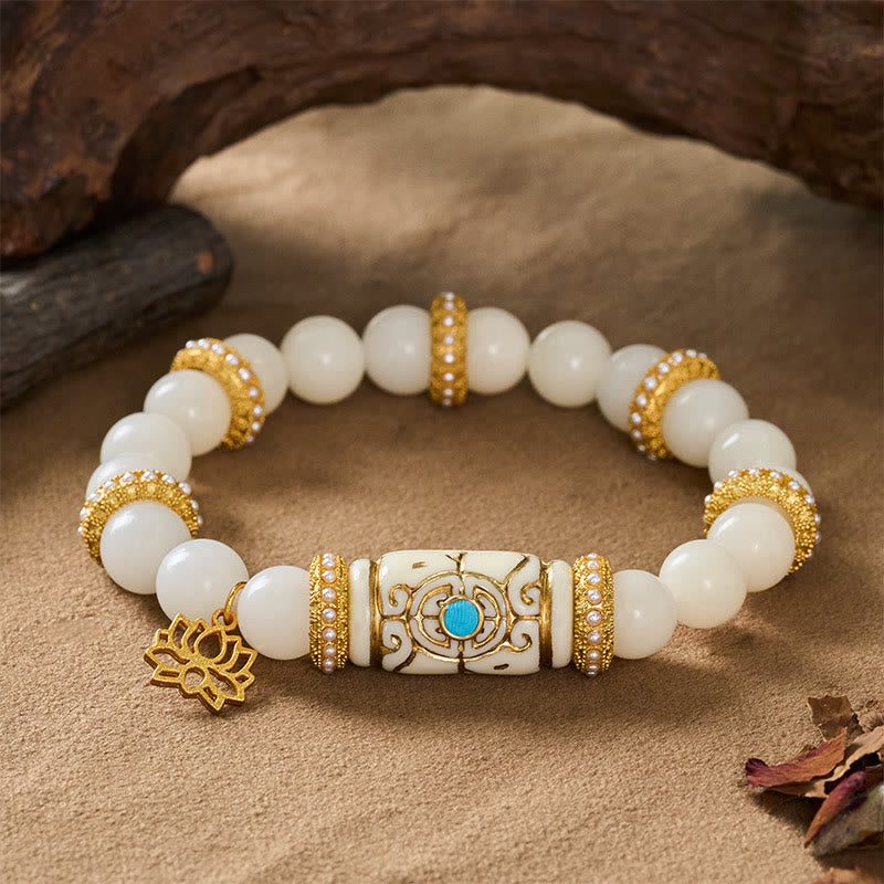Buddha Stones Bracelet de méditation rond avec pendentif lotus en résine blanche Bodhi Seed et perle cylindrique - image 7