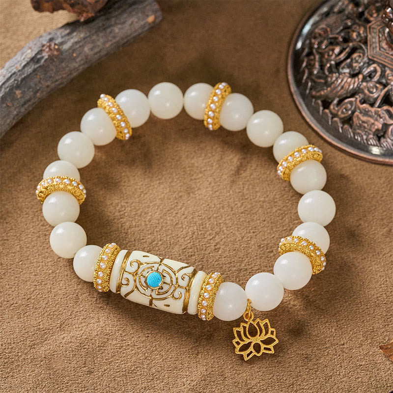 Buddha Stones Bracelet de méditation rond avec pendentif lotus en résine blanche Bodhi Seed et perle cylindrique - image 2