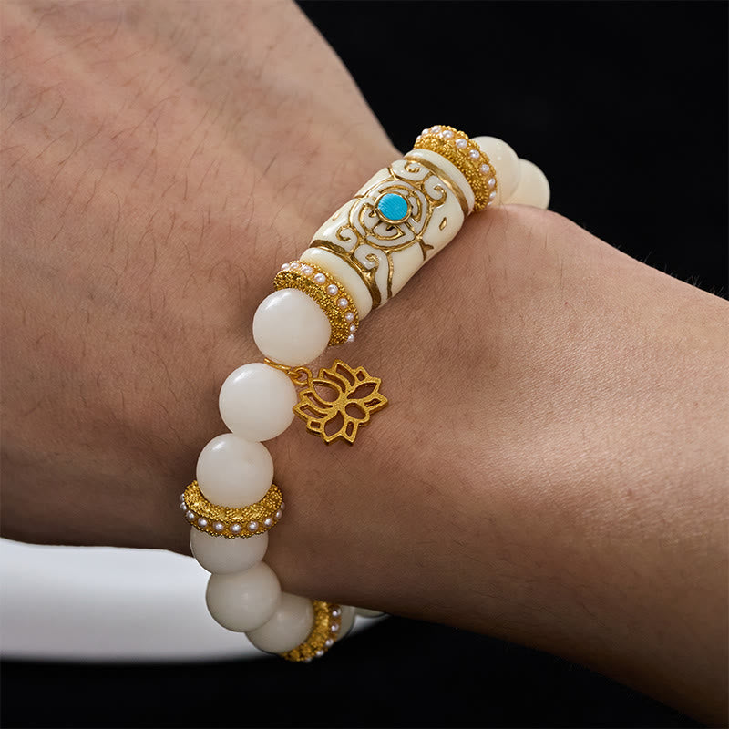 Buddha Stones Bracelet de méditation rond avec pendentif lotus en résine blanche Bodhi Seed et perle cylindrique - image 4