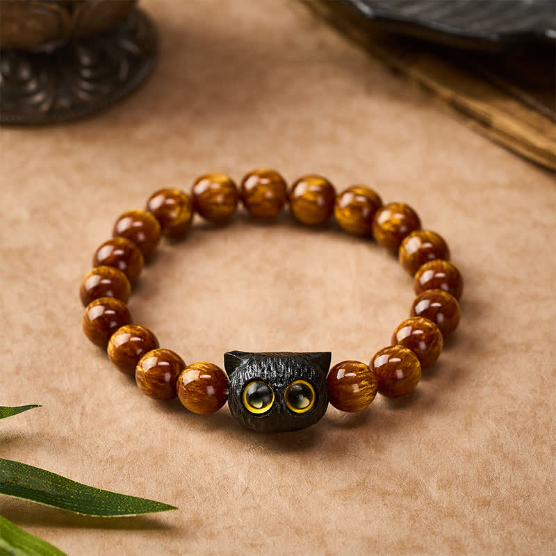 Buddha Stones Bracelet de paix chat en perles de résine jaune et bois d'ébène - image 1