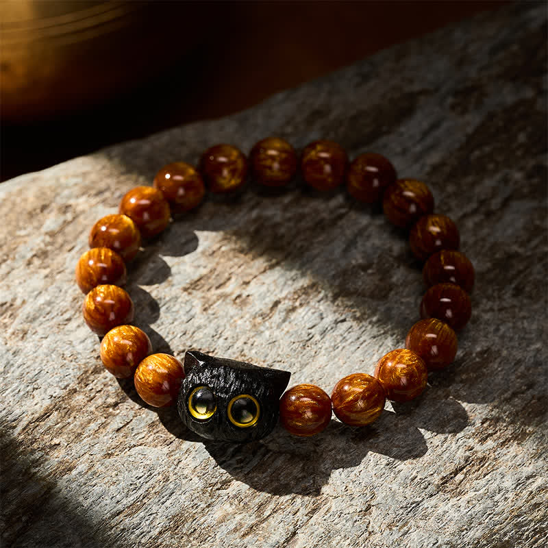 Buddha Stones Bracelet de paix chat en perles de résine jaune et bois d'ébène - image 2