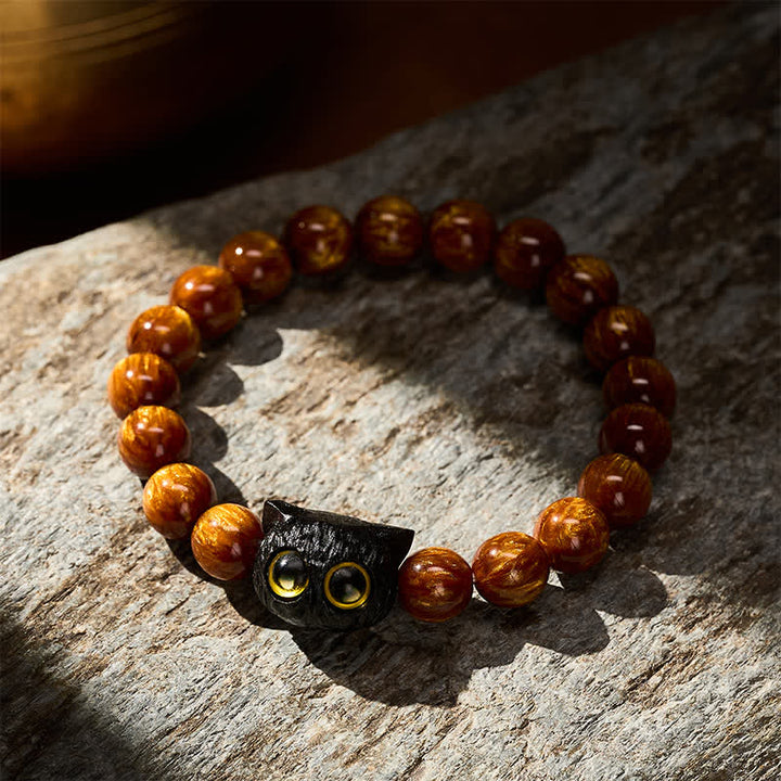 Buddha Stones Bracelet de paix chat en perles de résine jaune et bois d'ébène - image 2