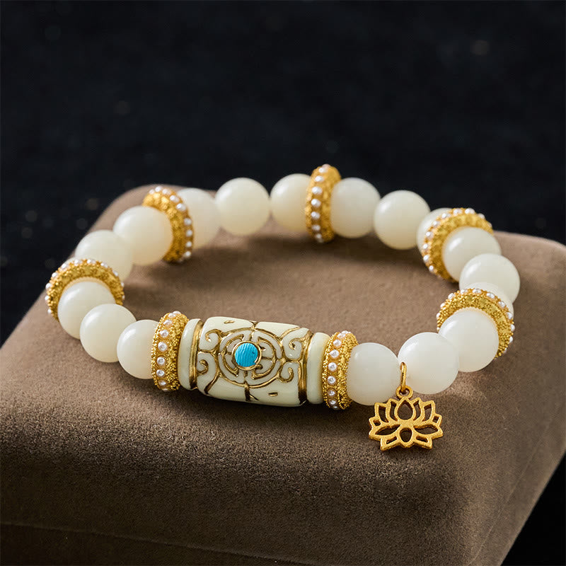Buddha Stones Bracelet de méditation rond avec pendentif lotus en résine blanche Bodhi Seed et perle cylindrique - Graine de Bodhi blanche (Tour de poignet : 16–17 cm) - image 0
