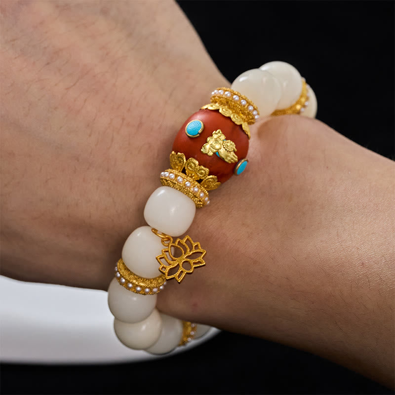 Buddha Stones Bracelet de perles de bénédiction avec pendentif lotus ovale orange gravé tibétain et graine de Bodhi blanche - image 4