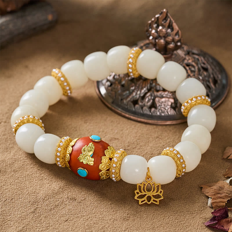 Buddha Stones Bracelet de perles de bénédiction avec pendentif lotus ovale orange gravé tibétain et graine de Bodhi blanche - image 2
